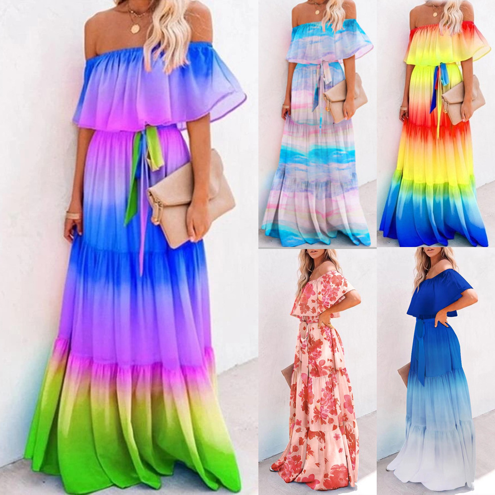 Linen Dress Wrap - ชุดเดรสยาวผู้หญิงปี 2026 สไตล์ข้ามพรมแดน ลายพิมพ์ไล่เฉดสี ดีไซน์ห่อหน้าอก ทรงเข้ารูป