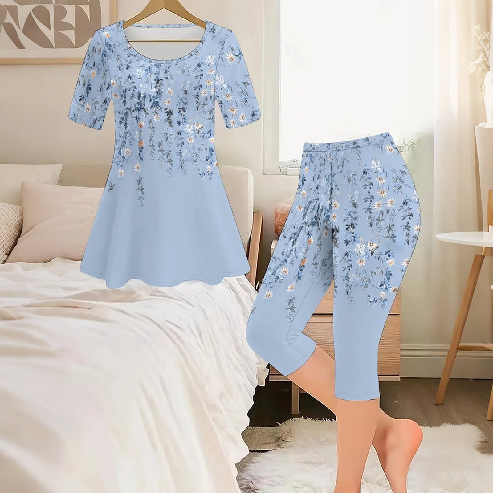 Romper Floral Print - ชุดเซ็ตสองชิ้นลายวินเทจ 2 ชิ้น เสื้อแขนสั้นลำลองสำหรับผู้หญิง กางเกงจ็อกกิ้งสไตล์สตรีทสำหรับใส่ทุกวัน