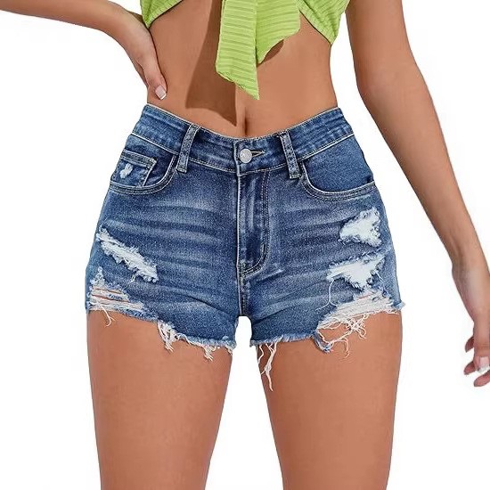 กางเกงยีนส์ขาสั้นเอวสูงสีน้ำเง - Shorts Denim Frayed บทวิจารณ์และราคา